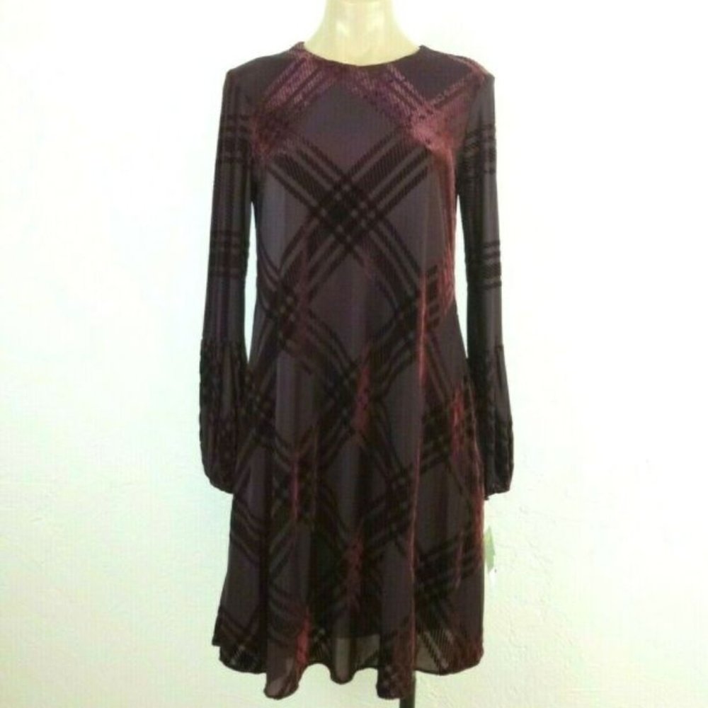 NWT Taylor Women's Dress Burgundy Velvet Burnout - Balloon Long Sleeve 14